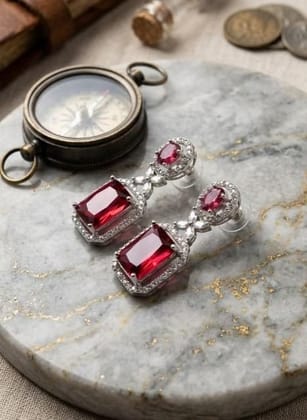 Generic Women's Brass Silver Plated Drop Earrings (Red)-PID66246