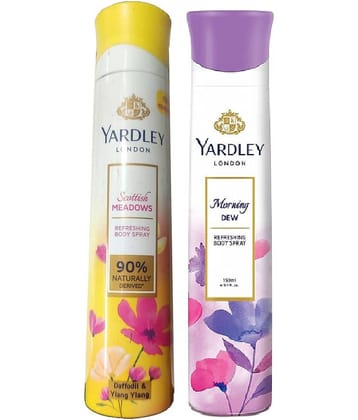 YARDLEY LONDON 1 SCOTTISH MEADOWS , 1 MORNING DEW BODY  SPRAY 150 ML EACH PACK OF 3 .