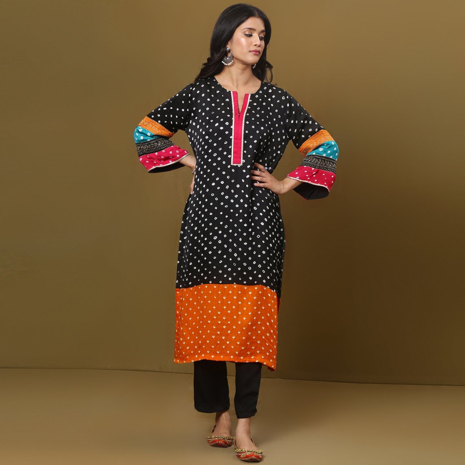 Color block bandhani kurta set-XS