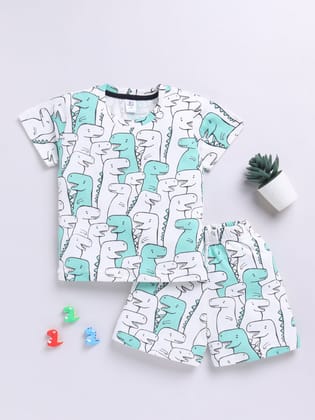 White Dino Print Half Sleeves Co-ord Set-6-9 m