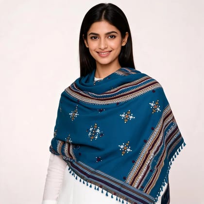 Blue Woolen Geometric Woven Shawl For Women