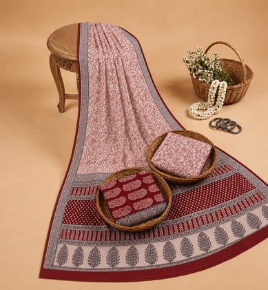 Handcrafted Bagh Print Cotton 3 Piece Suit Set 
