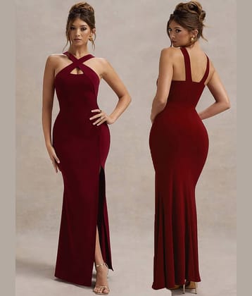 clafoutis Women's Elastane Solid Side Slit Dress ( Red )