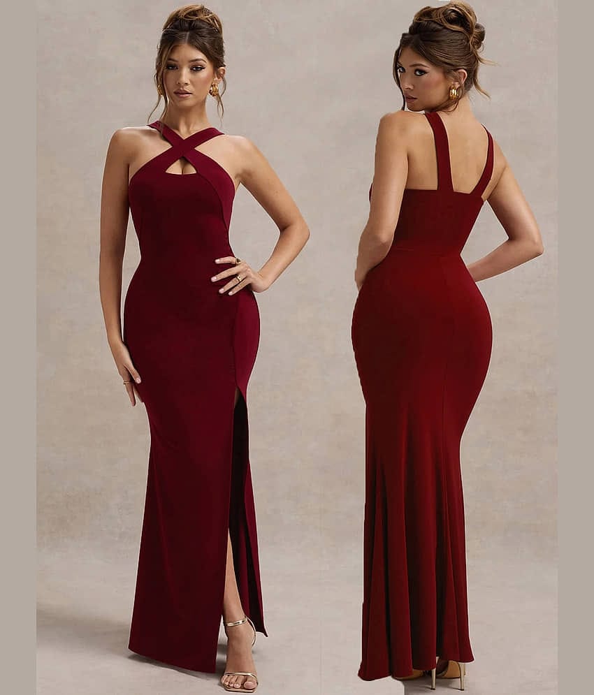 clafoutis Women's Elastane Solid Side Slit Dress ( Red )
