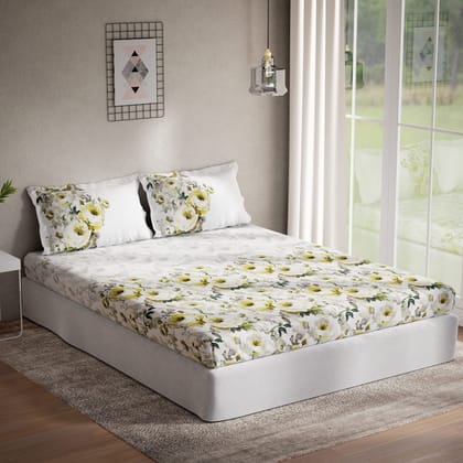DDECOR - Optima Collection 100% Cotton Floral Pattern 136TC Queen Bedsheet |224 CM X 254 CM| Yellow
