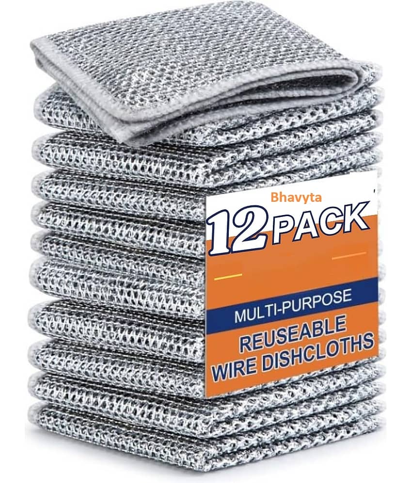 Bhavyta Wire Dishwashing Rags for Wet and Dry Dishwash Bar Non Scratch Scrubbing Pads 12 Pack 100 g