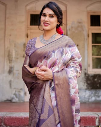 Elegant Purple Floral Banarasi Silk Saree with Intricate Zari Weave and Tassels-Regular