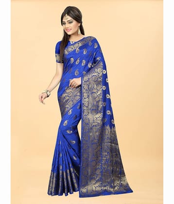 Gazal Fashions Banarasi Silk Embellished Saree With Unstitched Blouse Piece ( Blue )