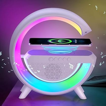MANYA ENTERPRISES G-Shape Multifunctional Speaker LED Wireless Charging Speaker with 15W Fast Charging, Bluetooth, FM Radio, RGB Music Sync, Atmosphere Lamp, All-in-One Wireless Charger Speaker