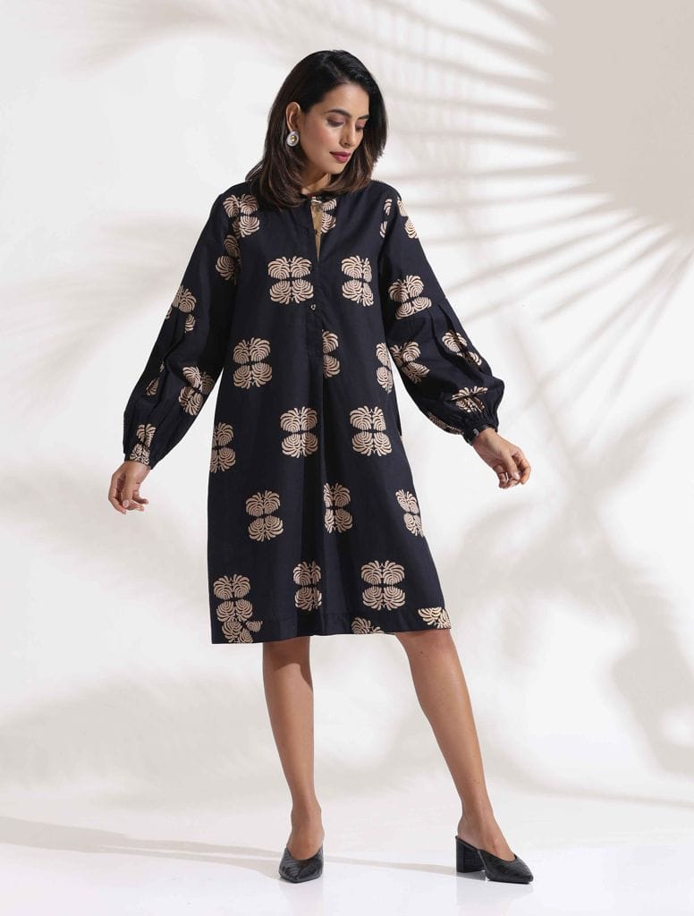 trueBrowns Black Cotton Print Short Dress - Black  (5XL)