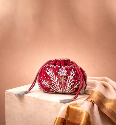 Handcrafted Red Velvet Zari & Zardozi Potli Bag