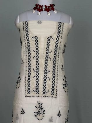 Chikankari Mul Chanderi Dress Material White Black Floral