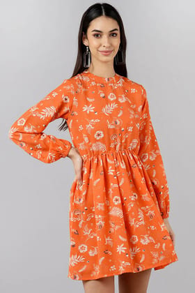 Orange Polyester Floral Printed Mini Dress VD1155