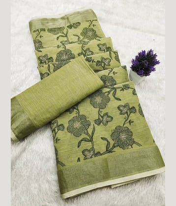 HEMA SILK MILLS Linen Printed Regular Saree With Unstitched Blouse Piece ( Light Green )