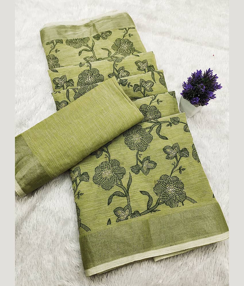 HEMA SILK MILLS Linen Printed Regular Saree With Unstitched Blouse Piece ( Light Green )