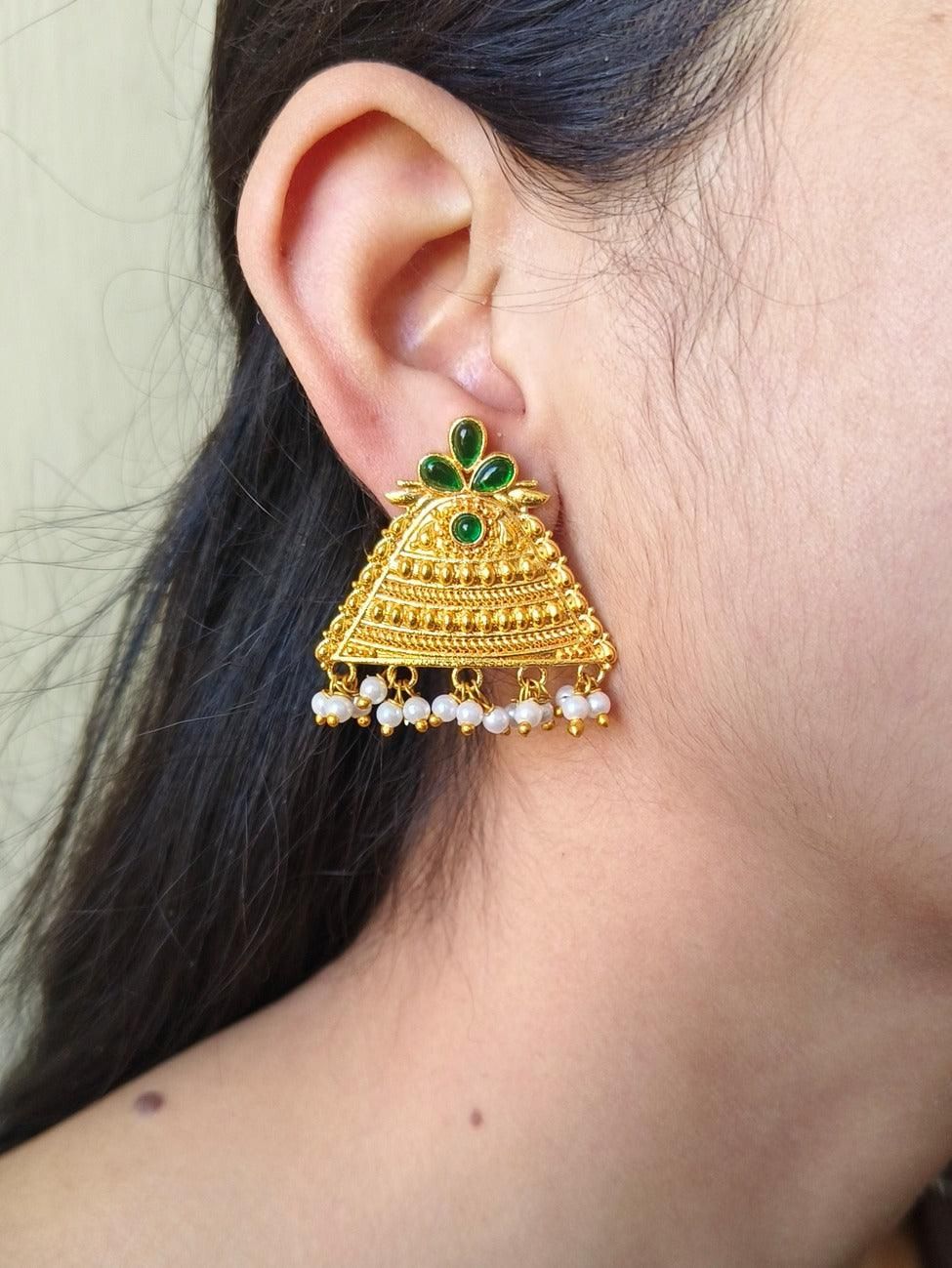 Golden Triangle Geometric Stud Earrings with Pearls | Sarichka-Green