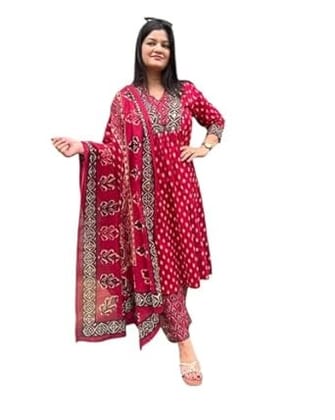 Womens &Girls Trending Red Cotton Printed Frock Style Kurti Pant Set.