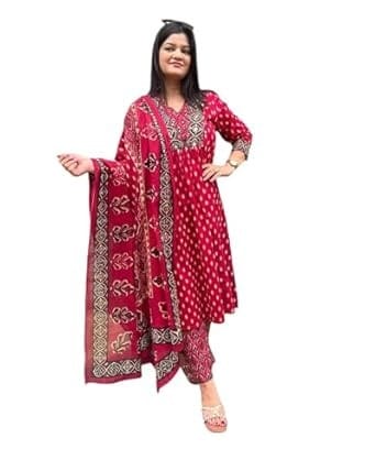 Womens &Girls Trending Red Cotton Printed Frock Style Kurti Pant Set.