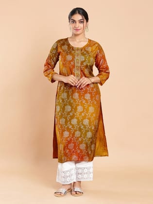 Kalyan Silks Silver & Gold Floral Printed Orange Kurti Top