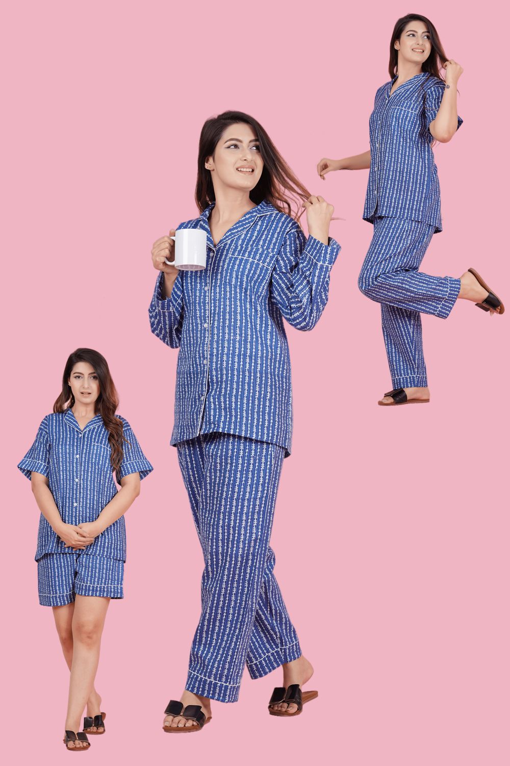 Charming Blue and White Stripe Print Katha Thread Work Combo Night Wear (Set of 2)-S / Blue / 100% Cotton