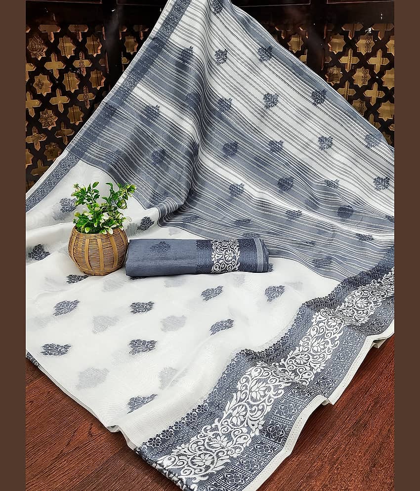 IndShopMart Cotton Silk Woven Saree With Unstitched Blouse Piece ( White )