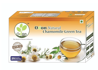 ODON NATURAL Chamomile Herbal Green Tea | 25 Tea Bags | Caffeine-Free Herbal Tea for Stress Relief & Better Sleep | Natural Immunity Booster | Rich Aroma & Taste | Detox & Calmness Support