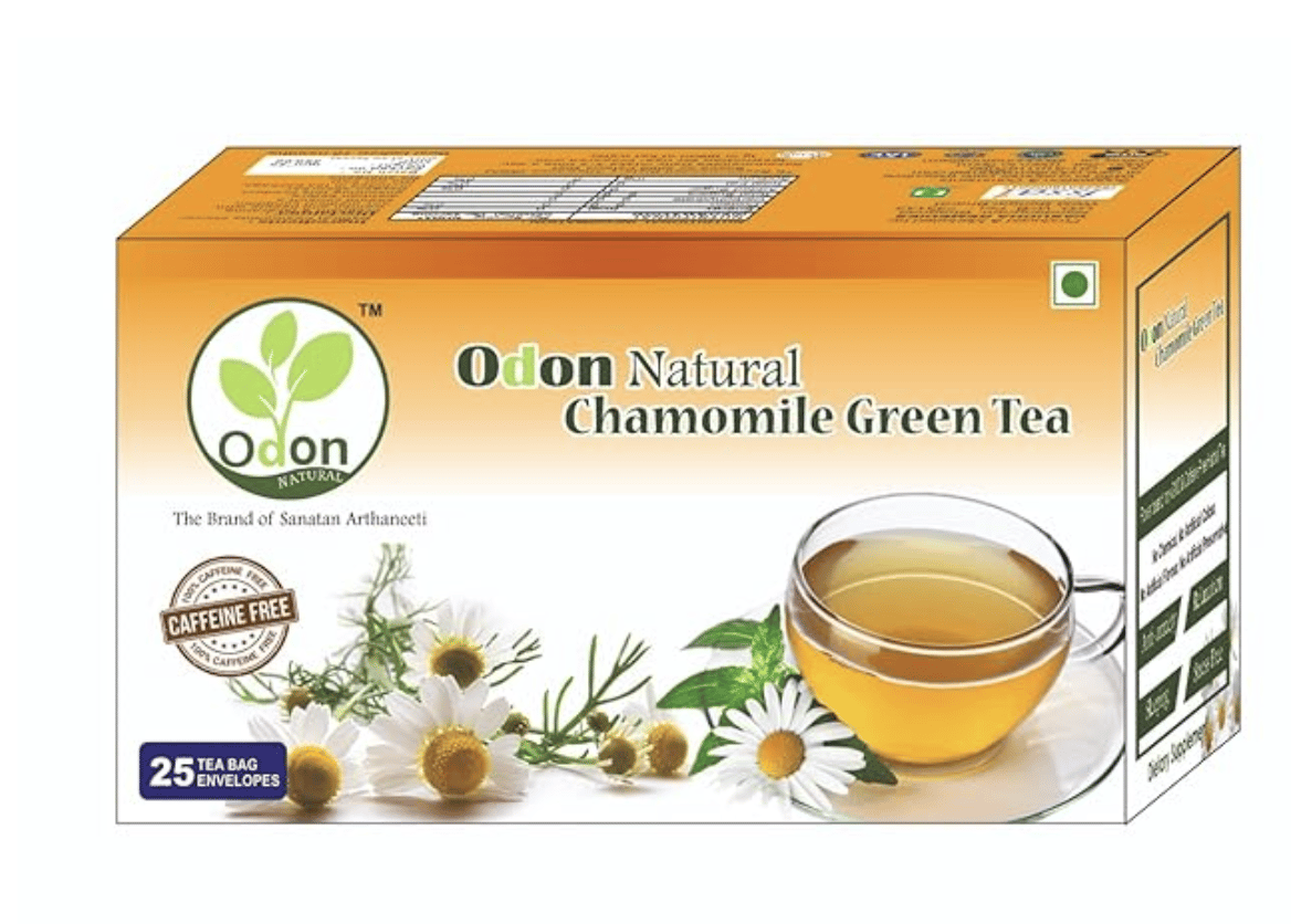 ODON NATURAL Chamomile Herbal Green Tea | 25 Tea Bags | Caffeine-Free Herbal Tea for Stress Relief & Better Sleep | Natural Immunity Booster | Rich Aroma & Taste | Detox & Calmness Support