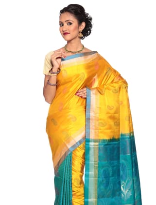 Yellow-Turquoise Patli Pallu Saree - Kanchipuram Silk Saree | Patli Saree