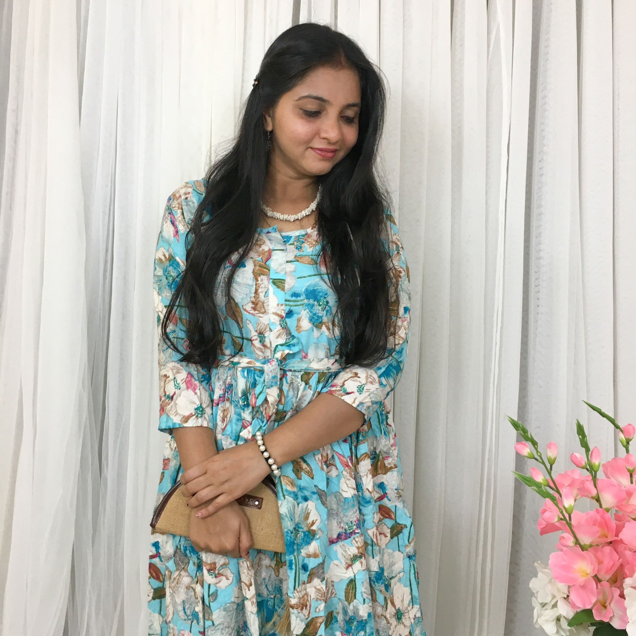 Sky Blue White - Maternity Kurti with Feeding Zips - Soft Rayon-36 - 38 ( S - M )