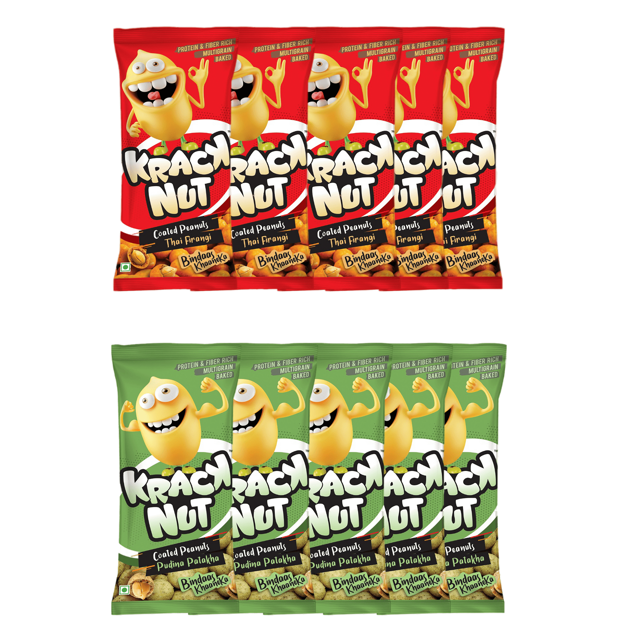 Kracknut Baked Coated Peanuts - Assorted Pack of 10 (25g x 10N) - Thai Firangi | Pudhina Pathaka Flavored crunchy coated peanuts | Healthy baked Indian Snack | Vegan |