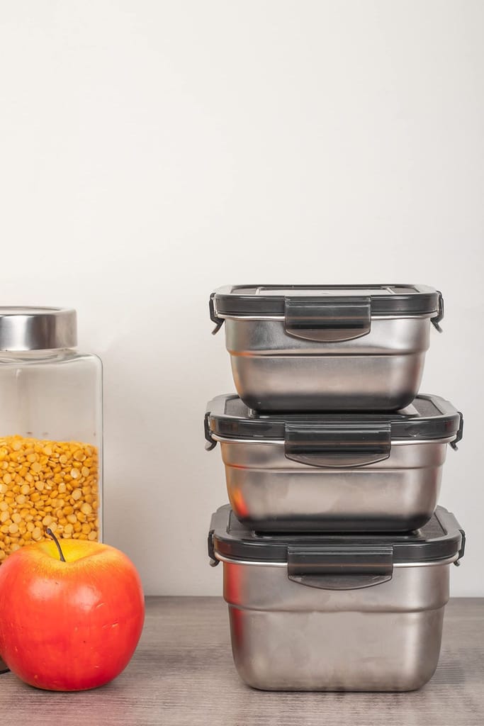 Femora High Steel Square Container Airtight Leakproof Unbreakable Storage Container/Lunch Box - 550 ml/gm - Set of 3