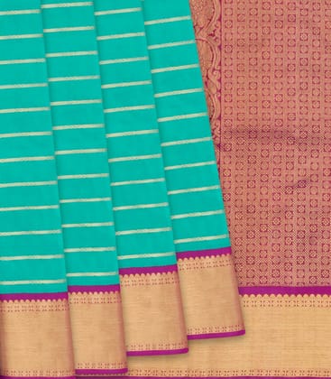 Turquoise Handloom Kanchipuram Korvai Silk Saree With Stripes & Pink Border-Turquoise-Turquoise
