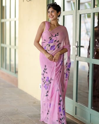 Lavender Pink Georgette Saree with Hand-Painted Purple Flowers – 5.5 Meters with Attached Blouse-Regular