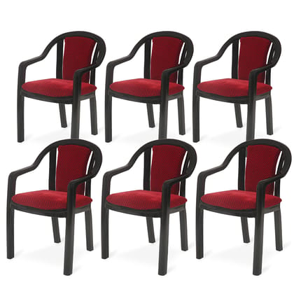 Supreme Furniture Ornate Plastic Cushion Chair with-Arm Suitable for Home, Garden, Office, Living Room, Cafeteria, Restaurant, Hotel, Resort and Indoor(Set of 6, Black-Red)
