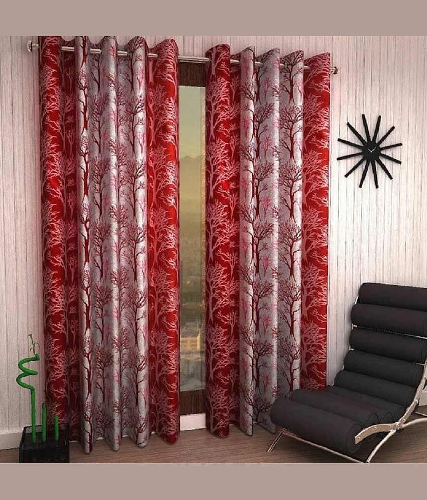 N2C Home Floral Semi-Transparent Eyelet Curtain 7 ft ( Pack of 2 ) - Maroon