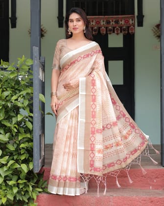 Beige and Pink Floral Printed Pure Cotton Linen Saree with Blouse and Tassels on Edges-Regular