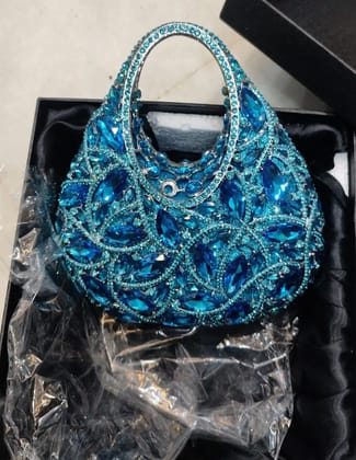 Elegant Blue Stone Embellished Handbag | Womens Party Clutch Shoulder Bag