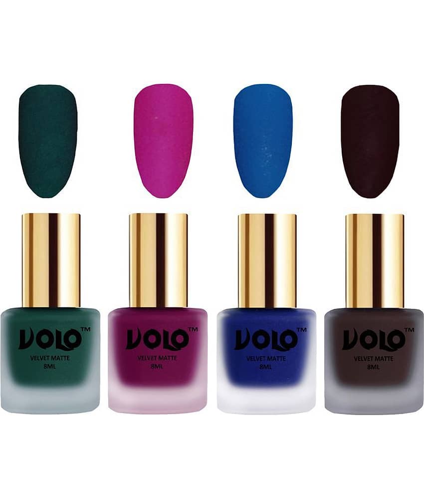 VOLO Velvet Dull Matte Posh Shades Nail Polish Green,Magenta,Blue, Wine Matte Pack of 4 32 mL