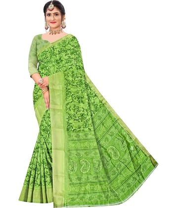 HEMA SILK MILLS Cotton Blend Printed Regular Saree With Unstitched Blouse Piece ( Green )