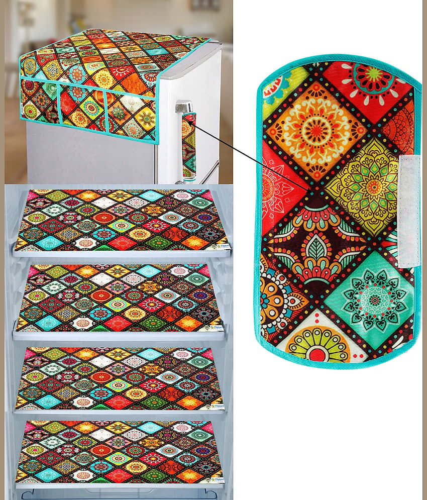 Crosmo Polyester Floral Fridge Mat & Cover ( 99 53 ) Pack of 6 - Multicolor