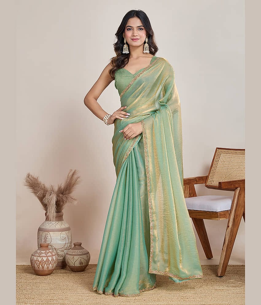 Indy Bliss Tissue Solid Saree With Unstitched Blouse Piece ( Gold )