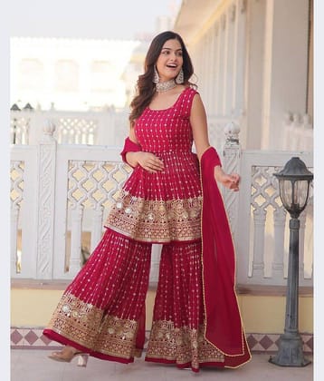 Trijal Fab Georgette Embroidered Kurti With Sharara And Gharara Women's Stitched Salwar Suit - Pink ( Pack of 1 )