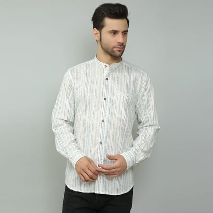 white Cotton printed full sleeves band collar shirt-XS