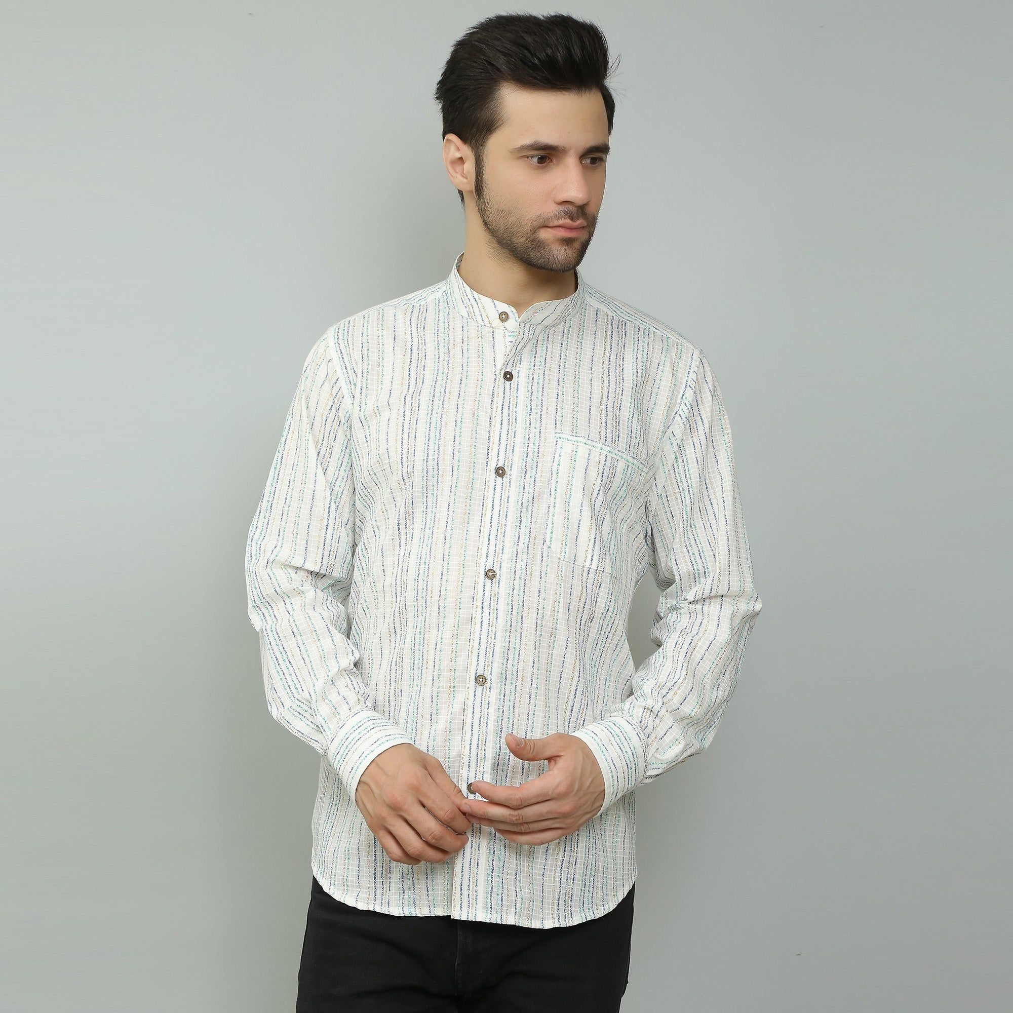 white Cotton printed full sleeves band collar shirt-XS