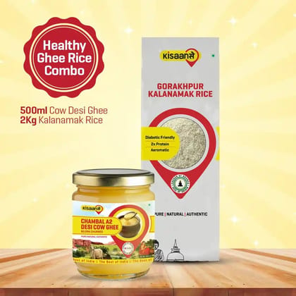 KisaanSay Chambal A2 Desi Cow Ghee 500ml + Gorakhpur Kalnamamak Rice 2Kg KisaanSay Chambal A2 Desi Cow Ghee 500ml + Gorakhpur Kalnamamak Rice 2Kg
