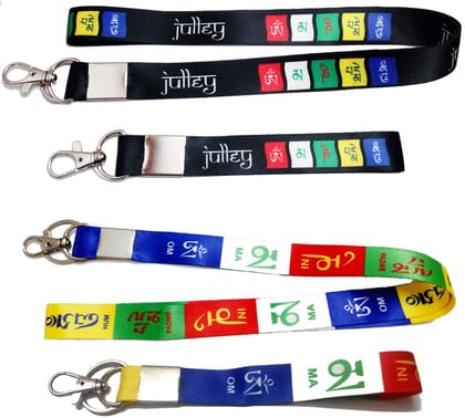KD COLLECTIONS (4 Pcs) Tibetan Ladakh Prayer Words Logo Lanyard Keychain Tag ID Card Badge Holder Fabric Hook Keychain Combo - 18 inch & 7 inch - Long & Small - Multicolor