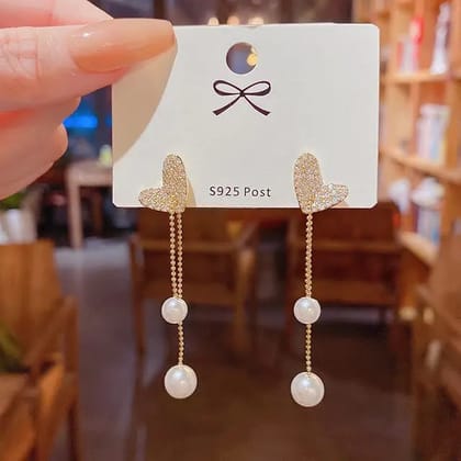 Love Heart Pearl Tassel Drop Earrings