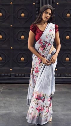 Pretty White Color Flower Weave Linen Digital Printed Sari 1247