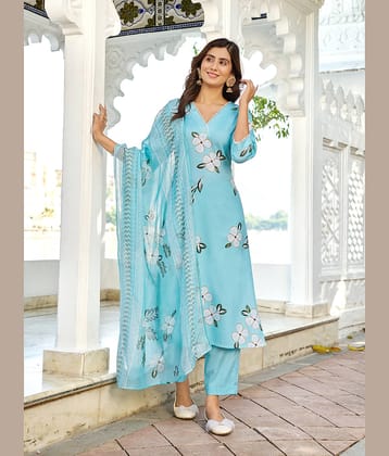 VIBE VISION Cotton Blend Printed Kurti With Pants Women's Stitched Salwar Suit - Blue ( Pack of 1 )