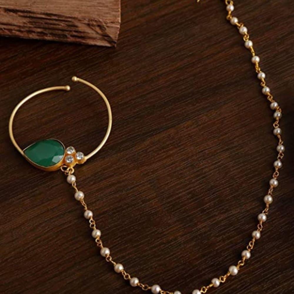 Gold-Toned  Green Stone Nose Ring With Chain